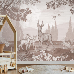 Bosdieren herten behang vintage roze